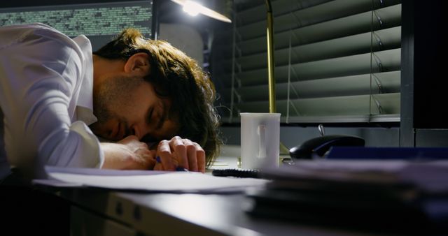 Image shows an exhausted programmer in a white shirt, resting his head on his desk during a late night coding session. The scene includes a bright desk lamp, a computer screen with code, documents, and a coffee mug. Ideal for illustrating themes related to work burnout, long hours, stress in the tech industry, night shift work, and the need for better work-life balance.