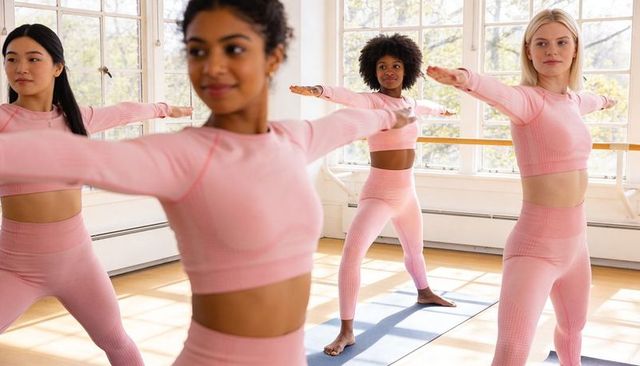 Practicing group yoga in pink activewear sunlit studio embracing balance and community