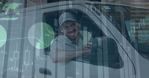 Smiling driver in van overlaid with economic graphs