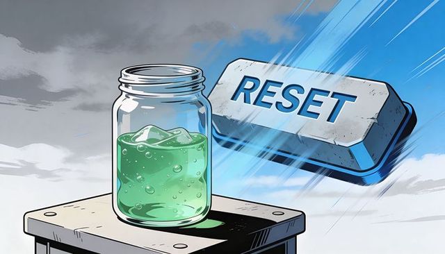 Surreal reset key streaking toward glass jar of green gel with ice on platform
