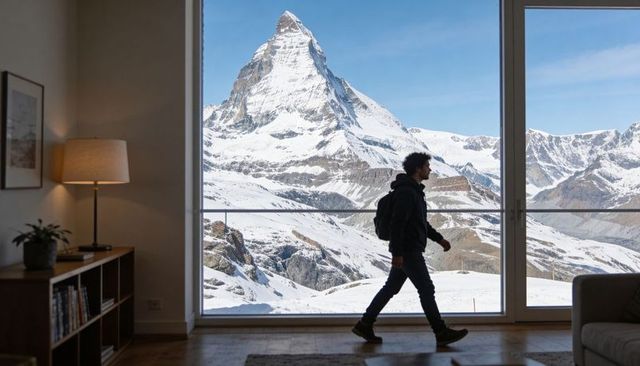 Hiker walking past lodge window framing snow-covered matterhorn peak and alpine panorama