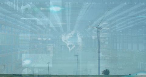Wind Turbine Amidst Warehouse with Digital Data Overlays