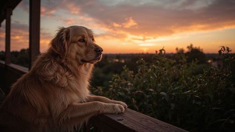 Golden retriever relaxing on balcony at sunset
