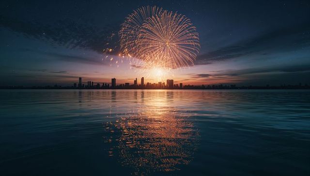 Spectacular Golden Firework Display over Cityscape Dusk Reflection