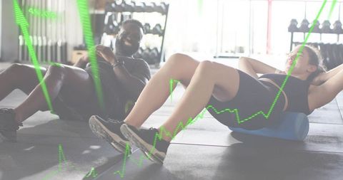 Foam roller mobility duo rolling core strength recovery training in bright gym with data overlay