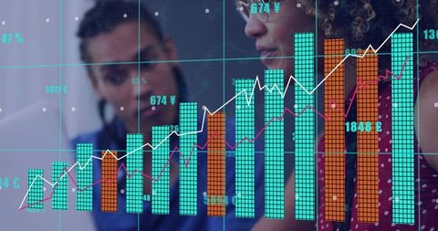 Analysts analyzing financial dashboard with turquoise orange bar charts and line trends