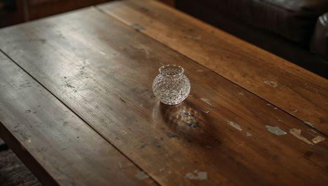 Cut-glass votive holder sitting on worn wooden table with warm light and rustic patina