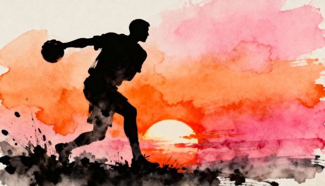 Silhouette athlete throwing ball at sunset watercolor ink splashes motion sports concept
