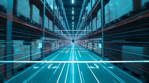 Digital Projection Display in Futuristic Warehouse Aisle