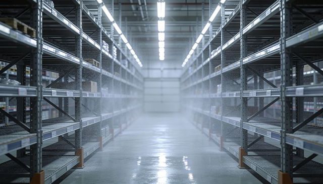 Empty industrial warehouse aisle with metal pallet racking, led lights, wet glossy floor