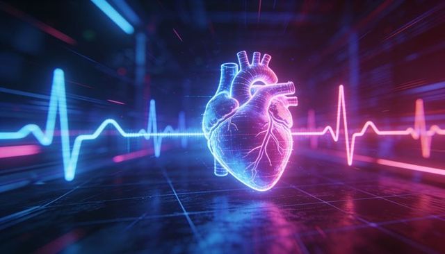Holographic anatomical heart pulsing over neon ecg trace on futuristic diagnostic grid