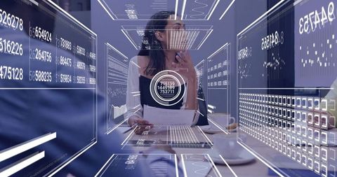 Data Analyst Reviewing Financial Dashboards with Augmented Reality Panels in Meeting