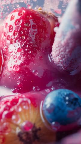 Spoon Pressing Strawberry and Blueberries Coating in Glossy Pink Syrup Macro Vertical Video