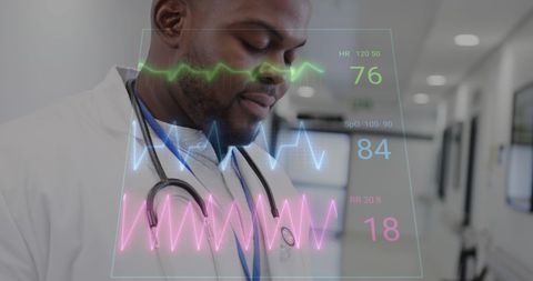 Doctor analyzing data with advanced technology in hospital