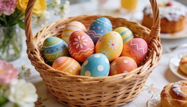 Basket holding colorful hand-painted easter eggs on spring brunch table with fresh pastries