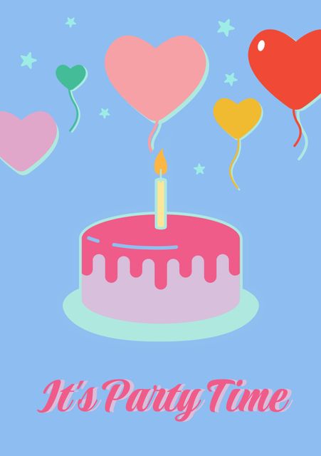 This illustration features a vibrant and fun design with the text 'It's Party Time' in pink, surrounding a pink birthday cake topped with a single candle and colorful heart-shaped balloons. Ideal for party invitations, greeting cards, and festive posters, creating a cheerful and upbeat theme for any celebration.
