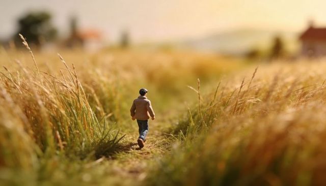 Miniature man walking along dirt track through golden field of tall grass at sunset