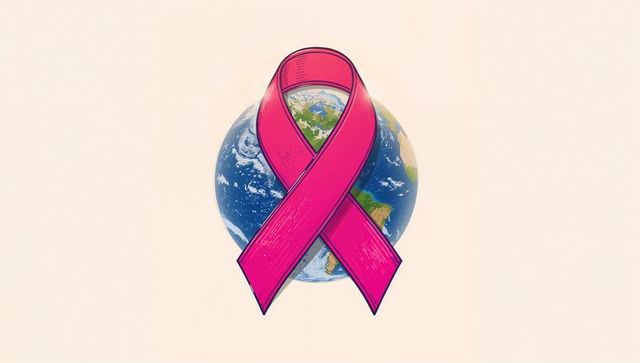 Pink ribbon encircling earth symbolizing global cancer awareness