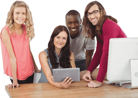 Young diverse team collaborating with digital tablet in modern office