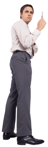 Confident Businessman with Pen Pose on Transparent Background
