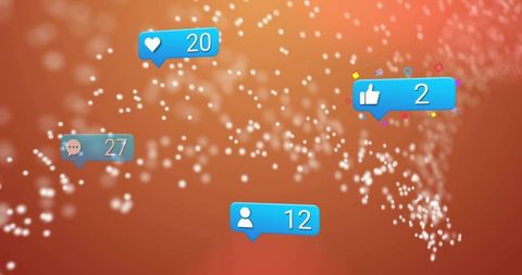 Social media notification bubbles over orange bokeh swirl representing engagement metrics