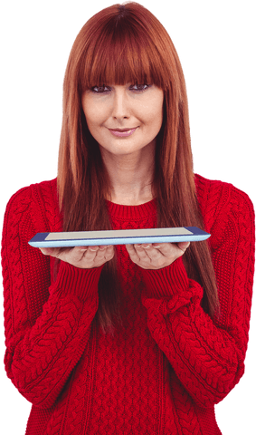 Smiling woman with red hair holding tablet on transparent background