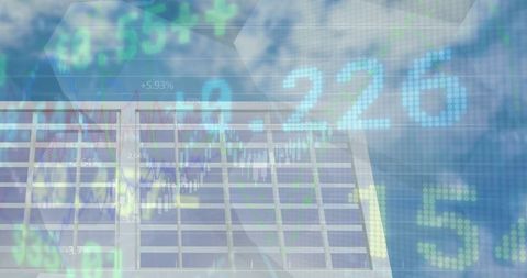 Digital financial data overlay on solar panel with sky background