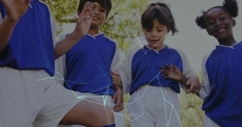 Children Playing Soccer with Digital Networking Overlay