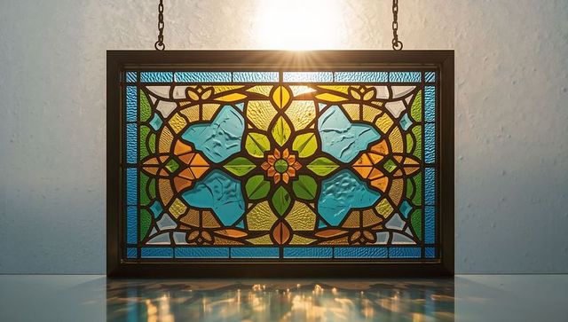 Vibrant stained glass panel with bright reflections