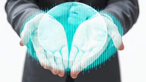 Business leader cradling holographic data orb with cyan waveform visualizing AI insights