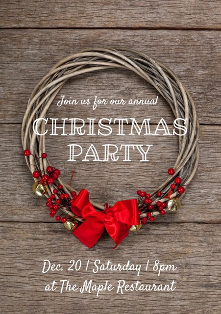 Festive Christmas Party Invitation with Decorated Wreath on Wooden Background - Download Free Stock Templates Pikwizard.com