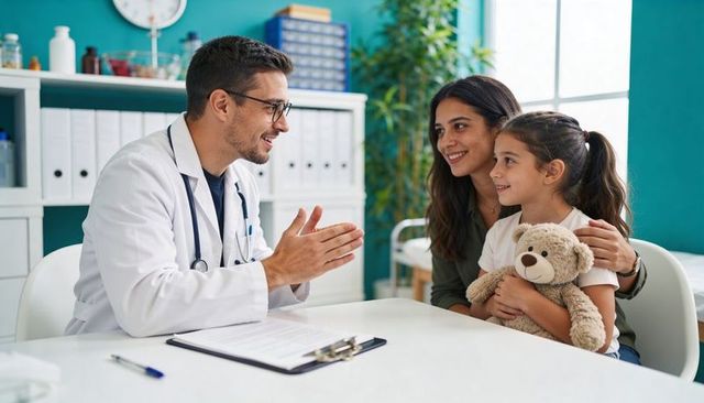 Smiling pediatrician consulting with mother and daughter holding teddy bear during checkup