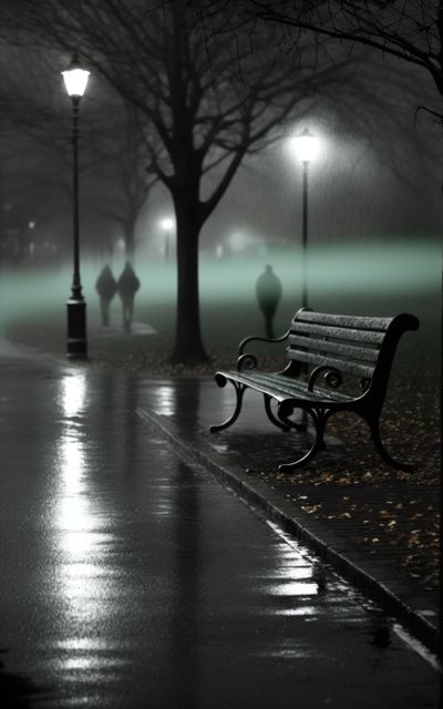 Mysterious park scene depicts a foggy night with wet pathways and dim streetlights casting a soft glow. Silhouettes of people in the distance add to the eerie atmosphere. Suitable for projects related to mystery, solitude, introspection, urban settings, and night-time scenes.