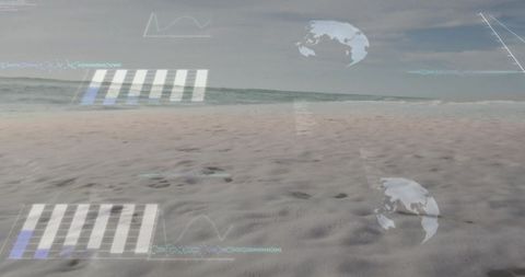 Displaying rippled wet sand with translucent HUD overlays on overcast coastal horizon