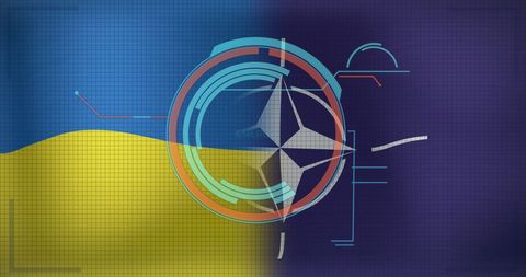 High tech digital interface merging ukrainian and nato flags