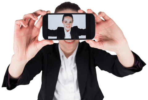 Transparent businesswoman taking selfie with smartphone