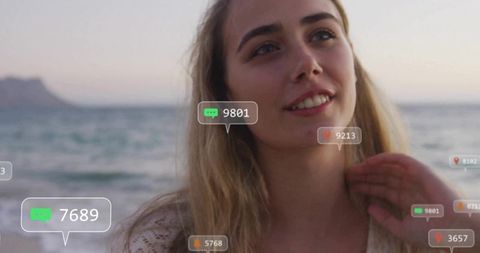 Woman Watching Sunset at Beach with Social Media Interactions