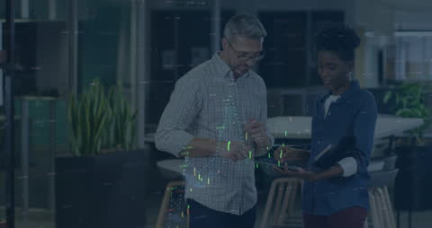 Business Professionals Analyzing Financial Data with Digital Overlay