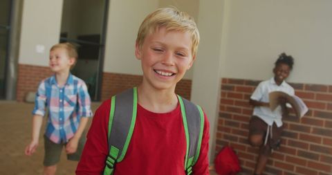 Joyful Blonde Boy with Backpack Outside School - Download Free Stock Images Pikwizard.com