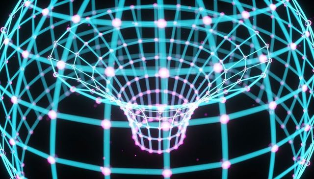 Neon wireframe funnel forming inside glowing sphere with cyan grid and magenta nodes