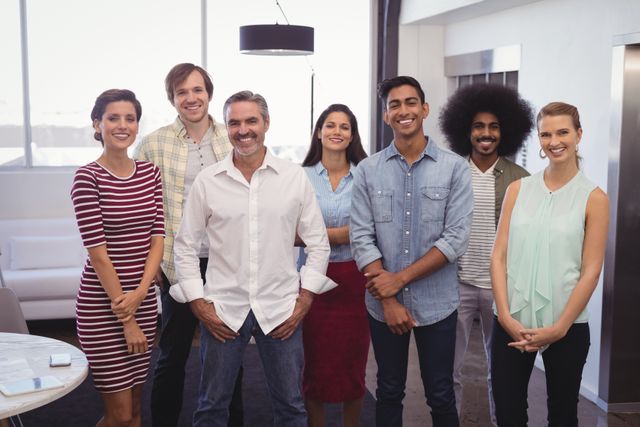 Diverse business team standing together in a modern office, smiling and looking confident. Ideal for use in corporate websites, team-building materials, business presentations, and promotional content highlighting teamwork and office culture.