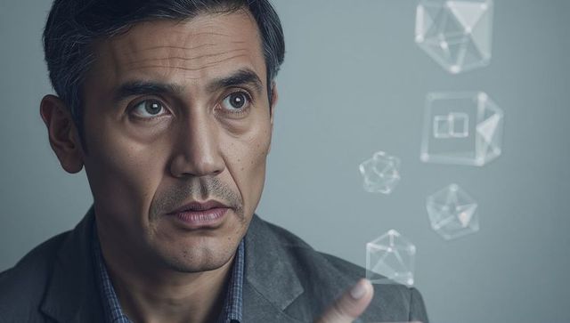 Middle-aged professional pointing and touching holographic 3d geometric wireframe shapes