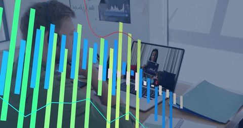 Remote meeting with data analytics overlay, man watching laptop in virtual presentation