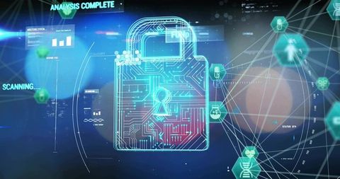 Pulsing Neon Cybersecurity Lock Interface with Network HUD and Scanning Data