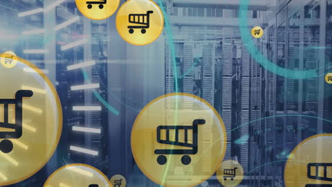 Digital Shopping Icons Floating Over Modern Server Room