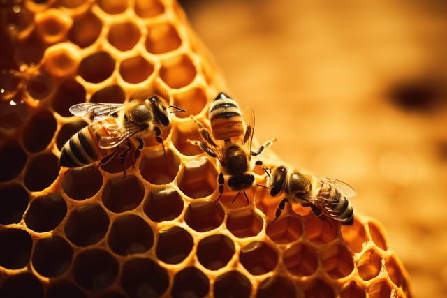 Close up of bees on honeycomb on blurred background created using generative ai technology. Nature, animals and insects concept digitally generated image.