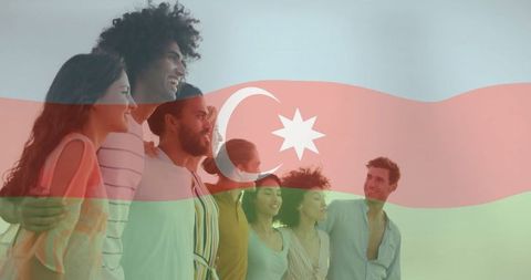 Diverse group smiling with azerbaijan flag united in friendship