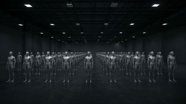 Row of Humanoid Statues in Spacious Warehouse with Overhead Lighting