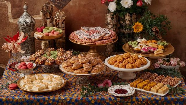 Opulent dessert table showcasing pastries, macarons, cookies and middle eastern confections