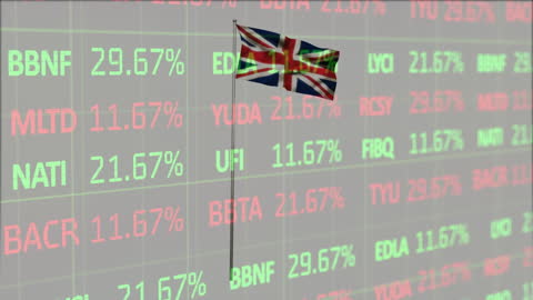 UK Flag with Financial Market Data Analytics Display